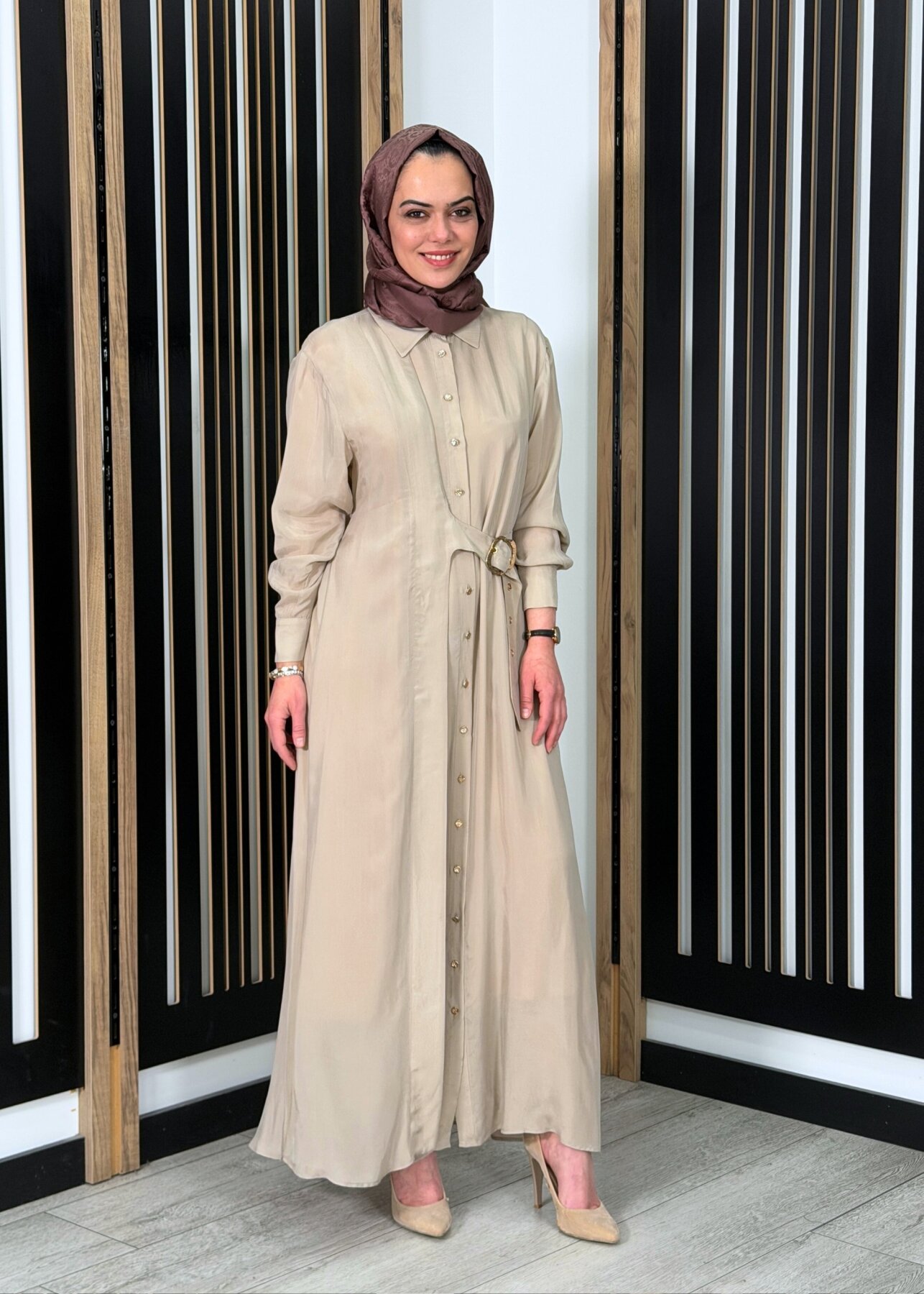 Clande Beli Kemerli Cupro Elbise BEJ - 3