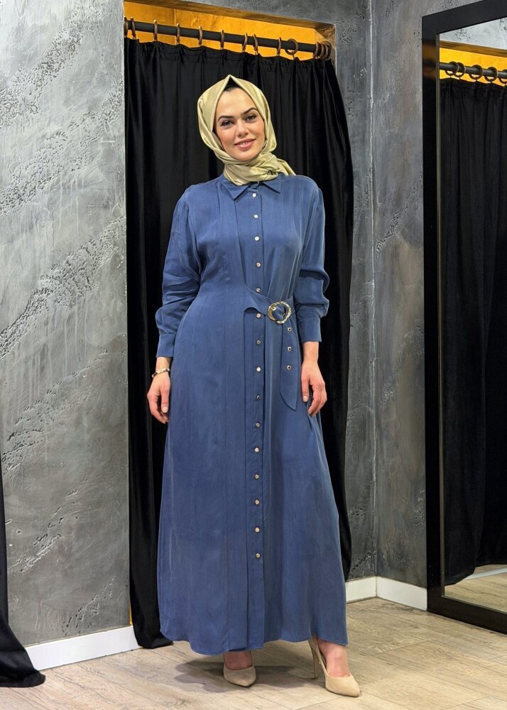 Clande Beli Kemerli Cupro Elbise İNDİGO 