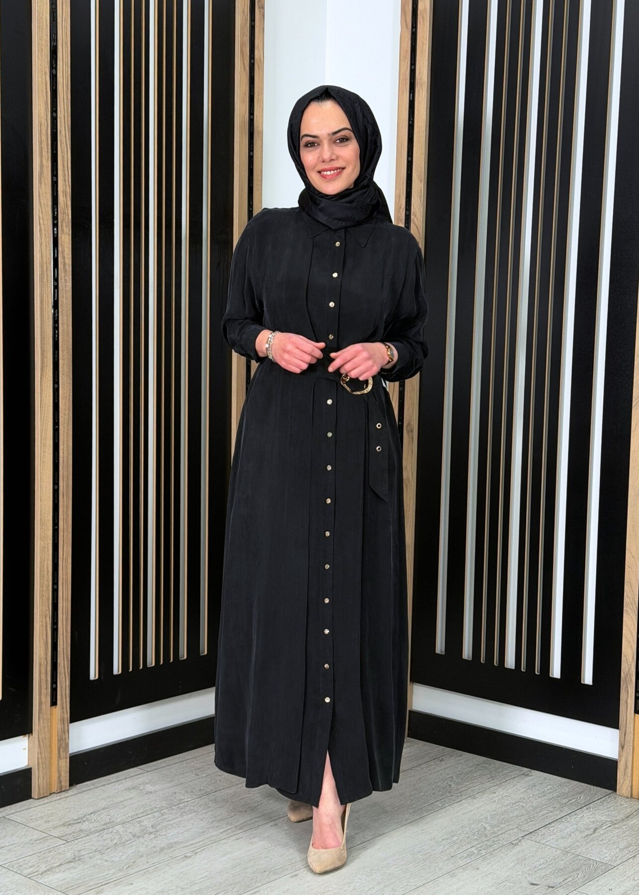 Clande Beli Kemerli Cupro Elbise SİYAH - 2