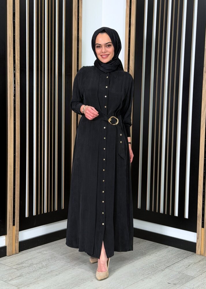 Clande Beli Kemerli Cupro Elbise SİYAH - 3