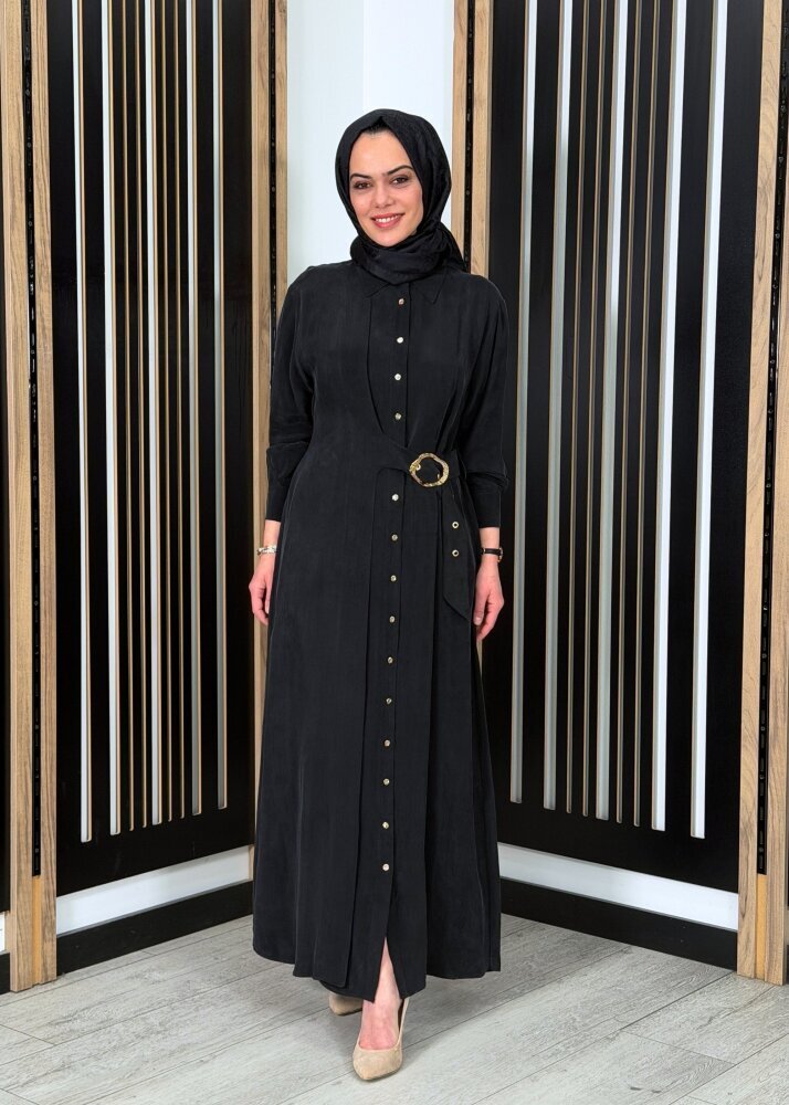 Clande Beli Kemerli Cupro Elbise SİYAH