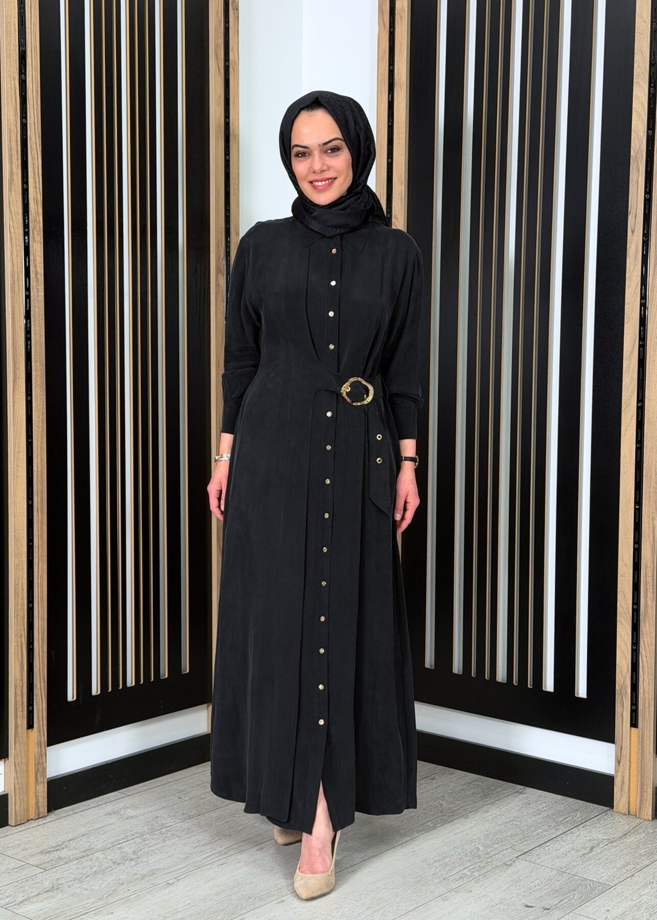 Clande Beli Kemerli Cupro Elbise SİYAH - 1