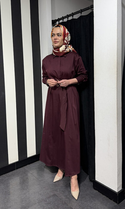 Clande Beli Kemerli Elbise BORDO - 2