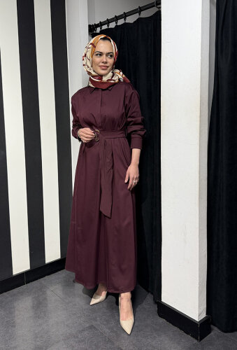 Clande Beli Kemerli Elbise BORDO