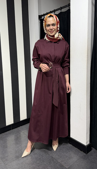 Clande Beli Kemerli Elbise BORDO - 4