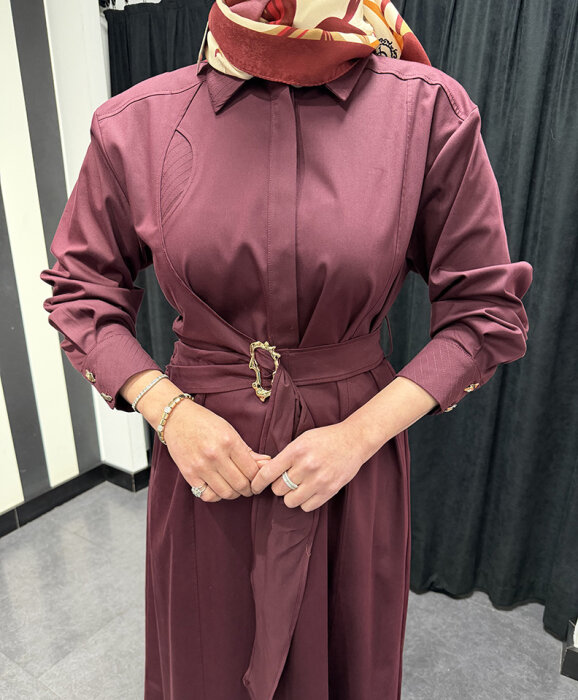 Clande Beli Kemerli Elbise BORDO - 5