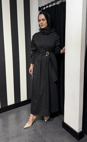 Clande Beli Kemerli Elbise SİYAH - 2