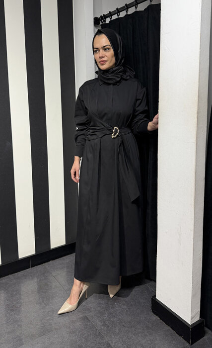 Clande Beli Kemerli Elbise SİYAH - 2