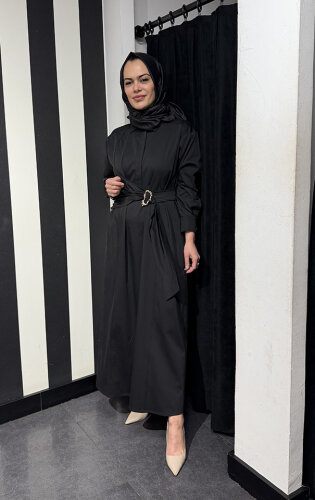 Clande Beli Kemerli Elbise SİYAH