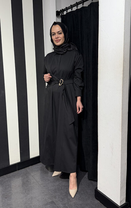 Clande Beli Kemerli Elbise SİYAH - 1