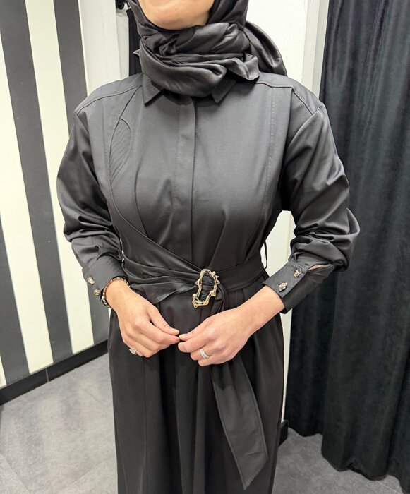 Clande Beli Kemerli Elbise SİYAH - 3