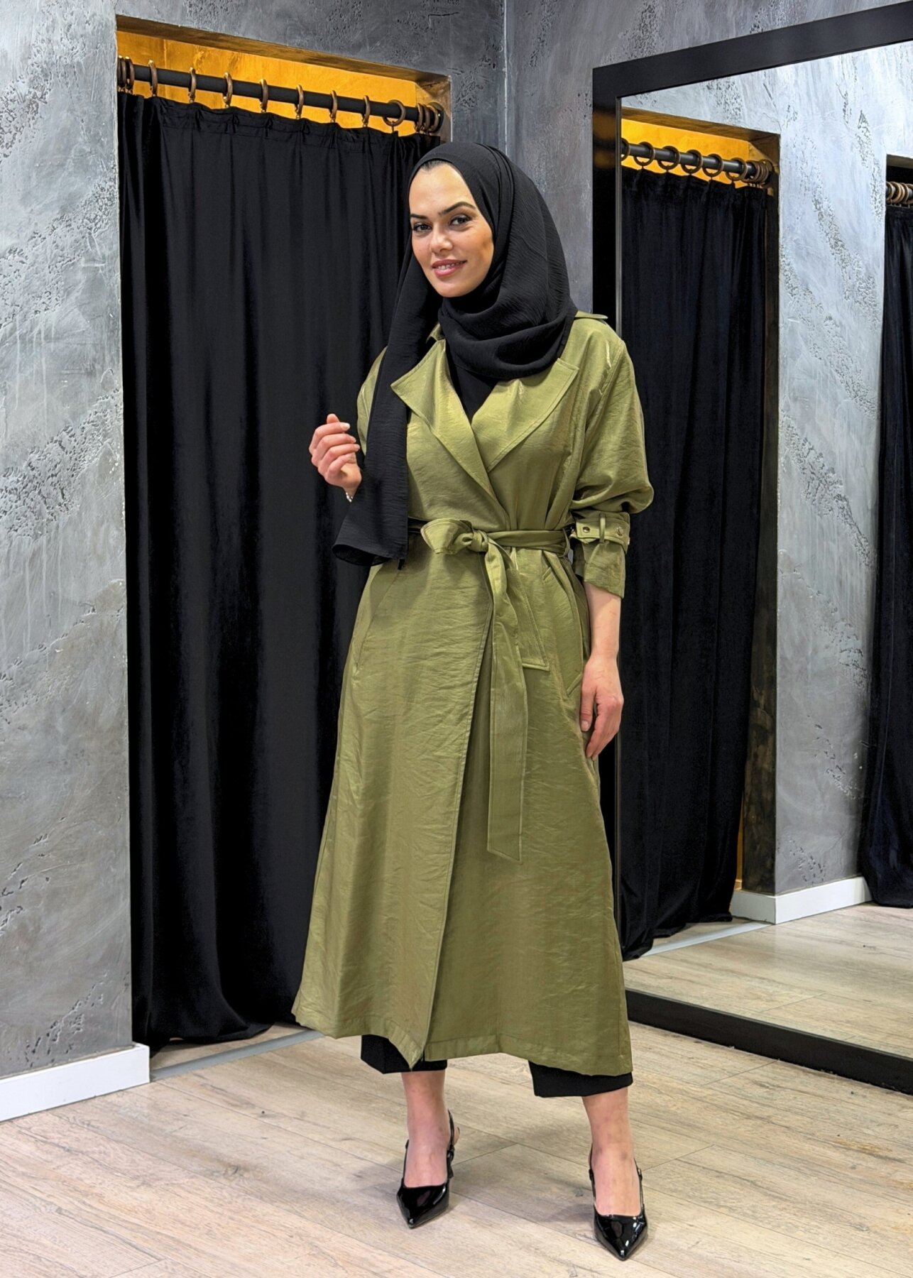 Clande Beli Kuşaklı Parlak Trenç HAKİ - 1