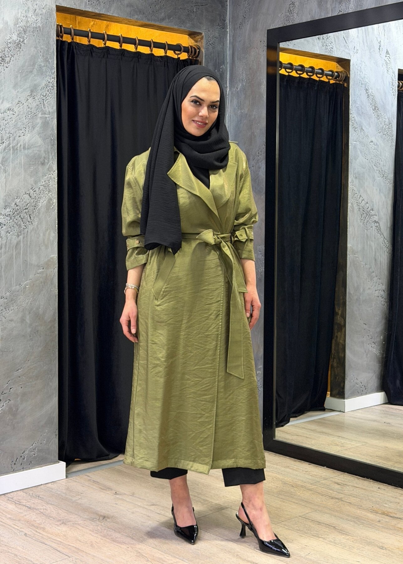 Clande Beli Kuşaklı Parlak Trenç HAKİ - 2