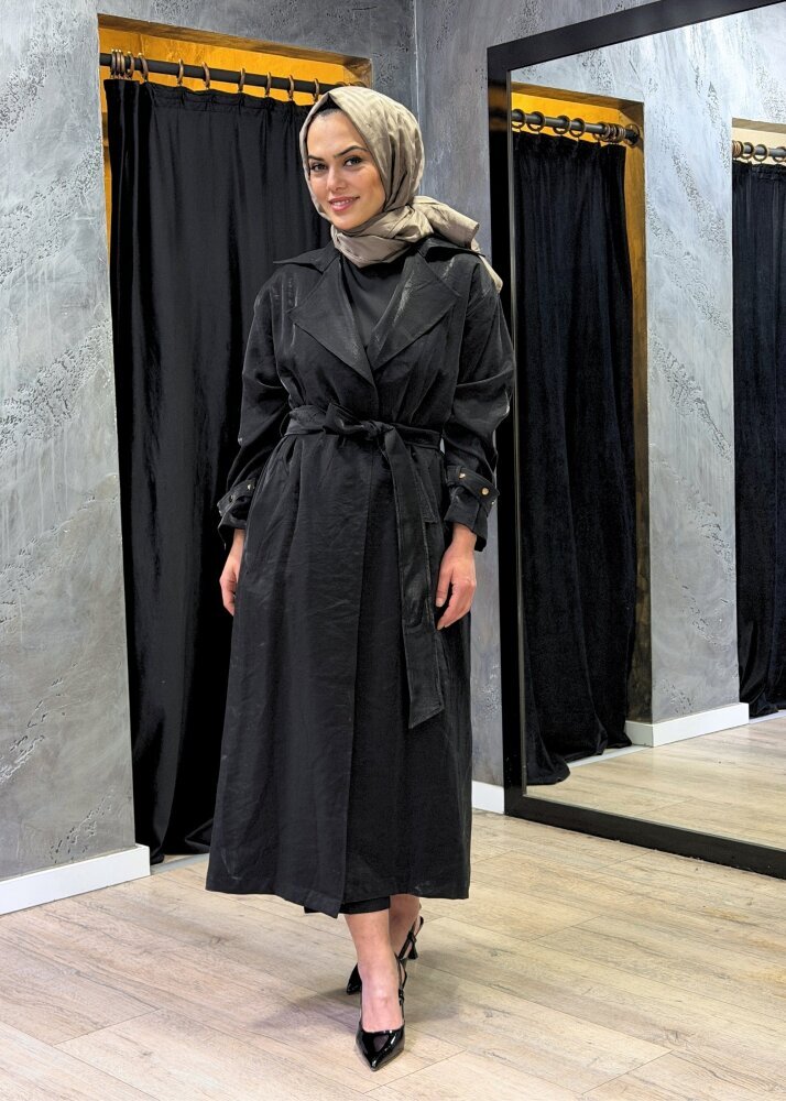 Clande Beli Kuşaklı Parlak Trenç SİYAH