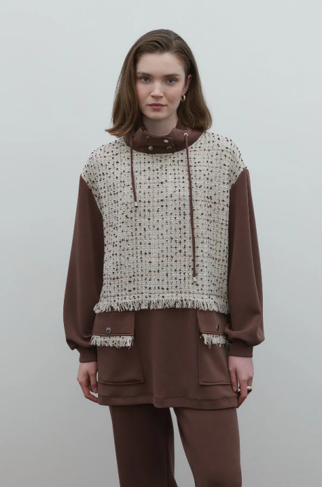 Clande Boynu Büzgülü Önü Tüvit Tunik KAHVE - 1