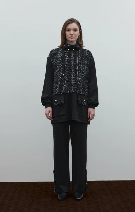 Clande Boynu Büzgülü Önü Tüvit Tunik SİYAH - 1