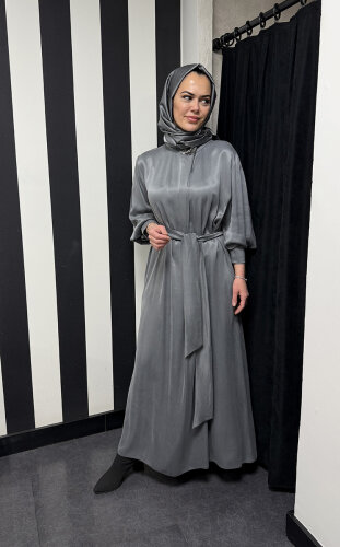 Clande Boynu Çiçek Aksesuarlı Cupra Elbise ANTRASİT - 2