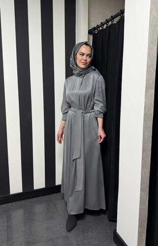 Clande Boynu Çiçek Aksesuarlı Cupra Elbise ANTRASİT - 3