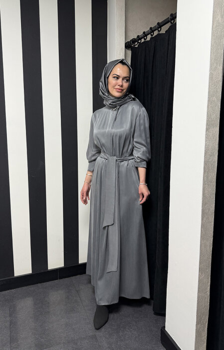 Clande Boynu Çiçek Aksesuarlı Cupra Elbise ANTRASİT - 3