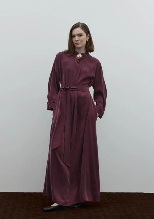 Clande Boynu Çiçek Aksesuarlı Cupra Elbise BORDO - 1