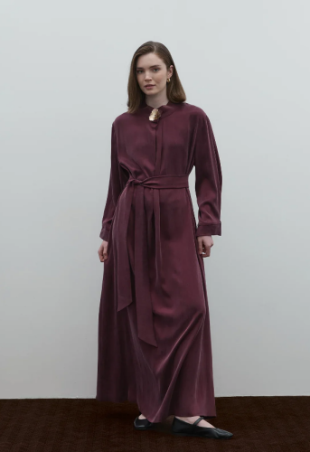 Clande Boynu Çiçek Aksesuarlı Cupra Elbise BORDO - 3