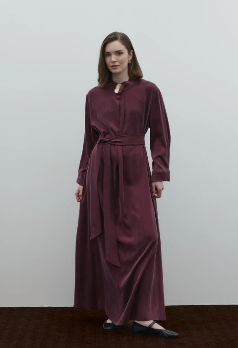 Clande Boynu Çiçek Aksesuarlı Cupra Elbise BORDO - 3