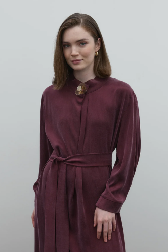 Clande Boynu Çiçek Aksesuarlı Cupra Elbise BORDO - 5