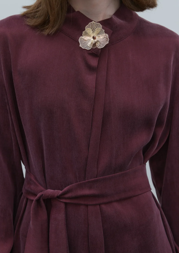 Clande Boynu Çiçek Aksesuarlı Cupra Elbise BORDO - 6