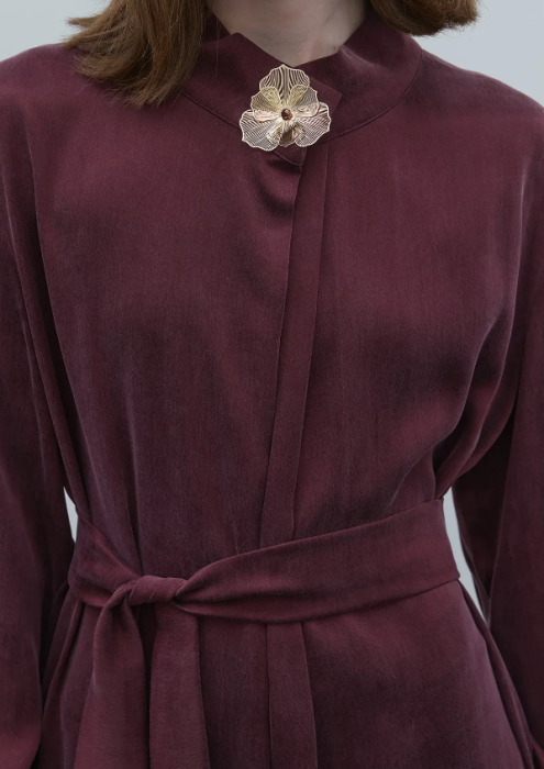 Clande Boynu Çiçek Aksesuarlı Cupra Elbise BORDO - 6