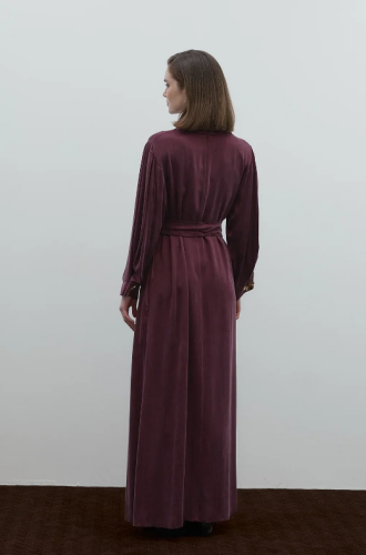 Clande Boynu Çiçek Aksesuarlı Cupra Elbise BORDO - 7