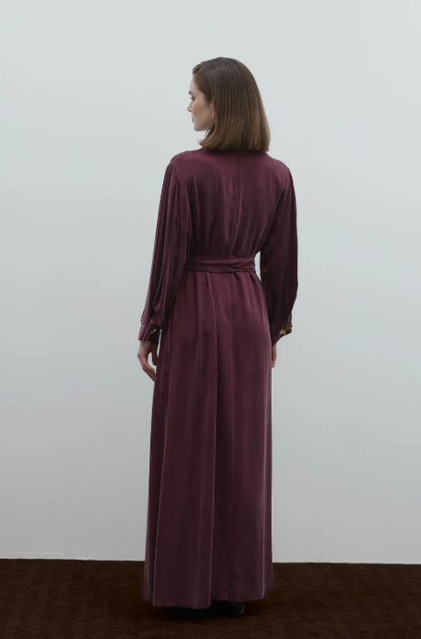 Clande Boynu Çiçek Aksesuarlı Cupra Elbise BORDO - 7