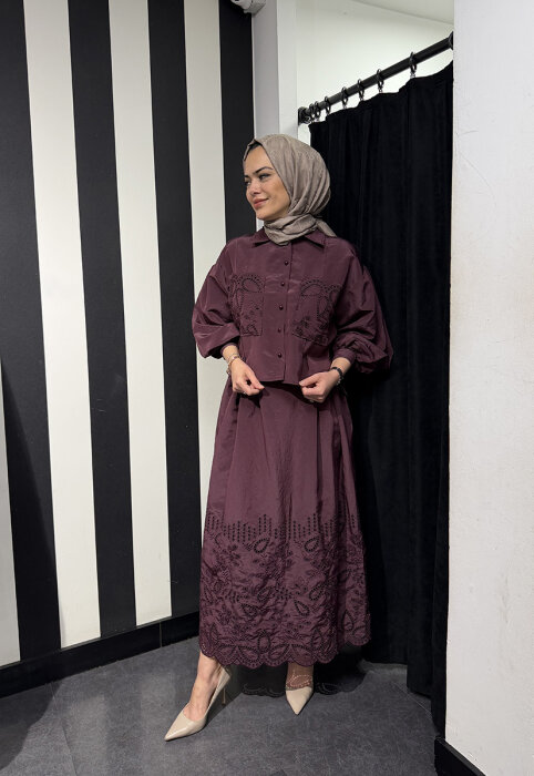 Clande Cepleri Dantel Detaylı Düğmeli Gömlek BORDO - 1