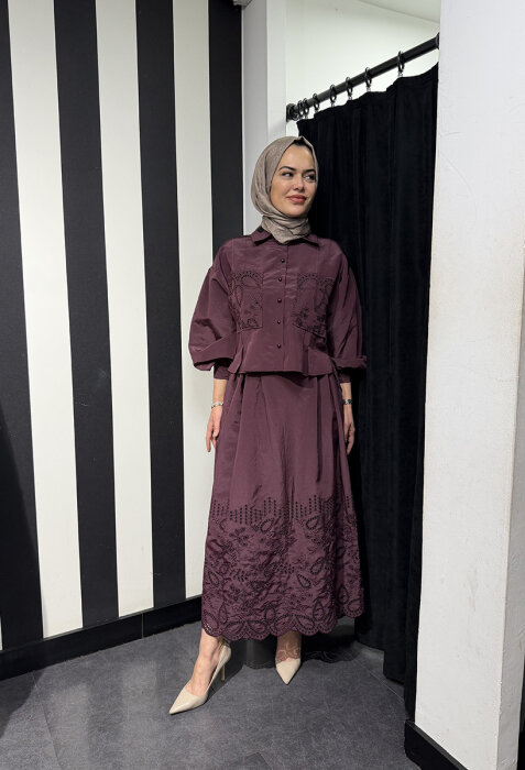 Clande Cepleri Dantel Detaylı Düğmeli Gömlek BORDO - 3