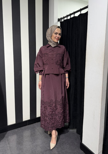 Clande Cepleri Dantel Detaylı Düğmeli Gömlek BORDO - 4