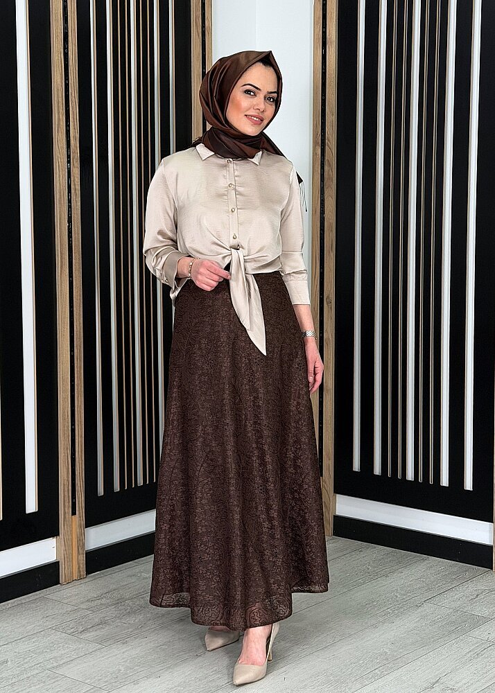 Clande Çiçek Dantel Detalı Astarlı Etek KAHVE - 1