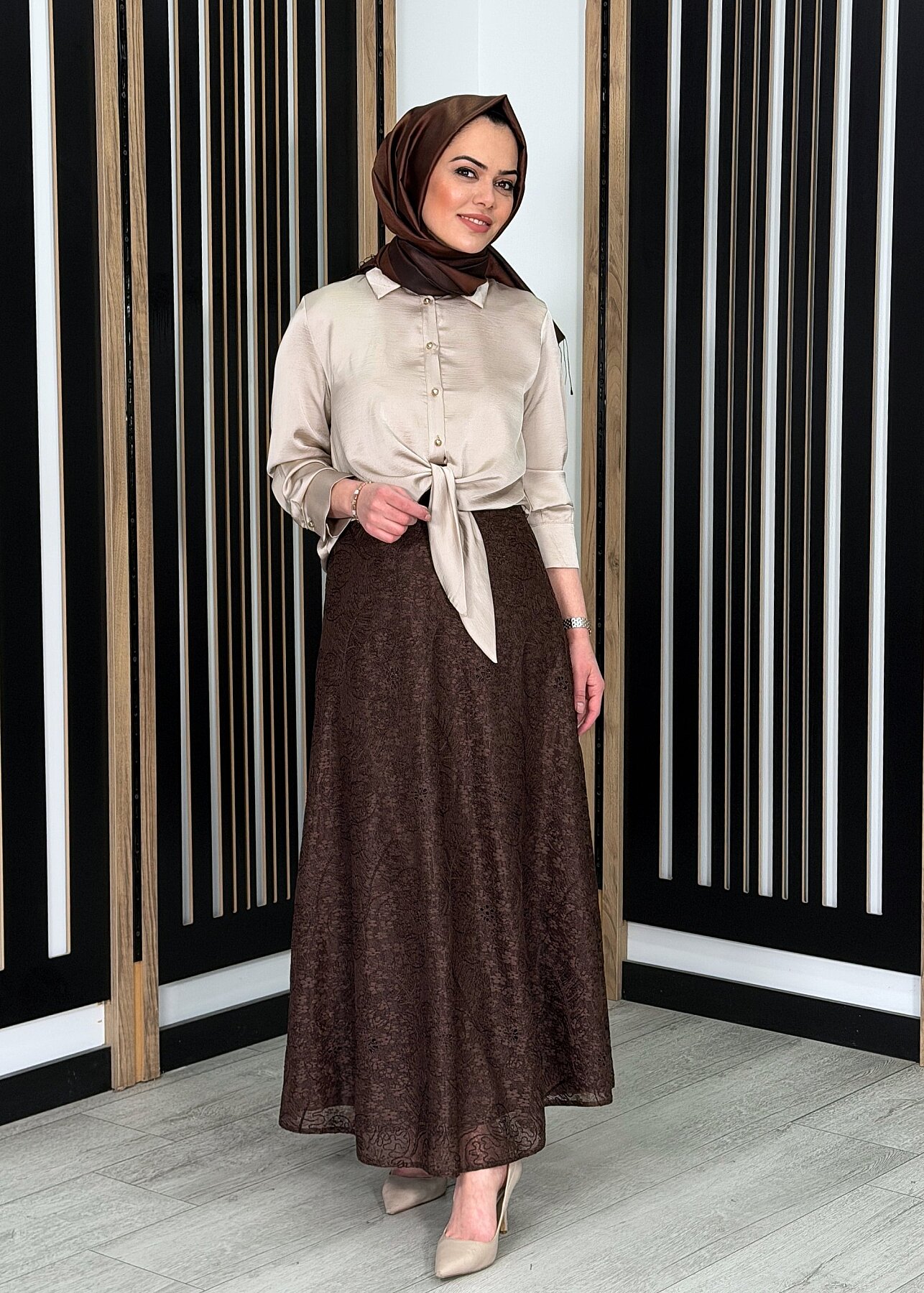 Clande Çiçek Dantel Detalı Astarlı Etek KAHVE - 1