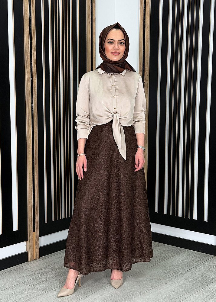 Clande Çiçek Dantel Detalı Astarlı Etek KAHVE - 2