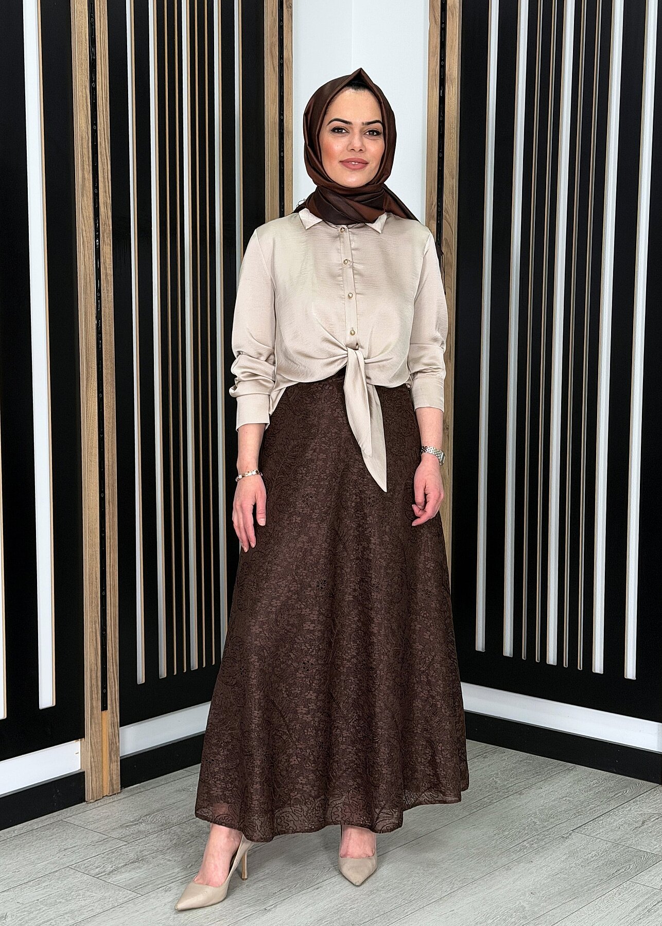 Clande Çiçek Dantel Detalı Astarlı Etek KAHVE - 2