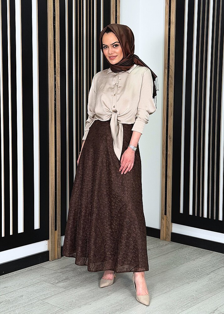 Clande Çiçek Dantel Detalı Astarlı Etek KAHVE - 3