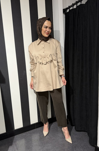 Clande Çiçek Detaylı Gömlek BEJ