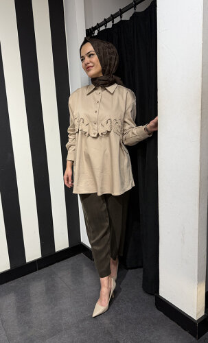 Clande Çiçek Detaylı Gömlek BEJ - 2