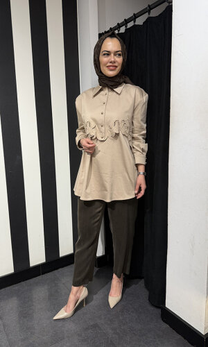 Clande Çiçek Detaylı Gömlek BEJ - 3