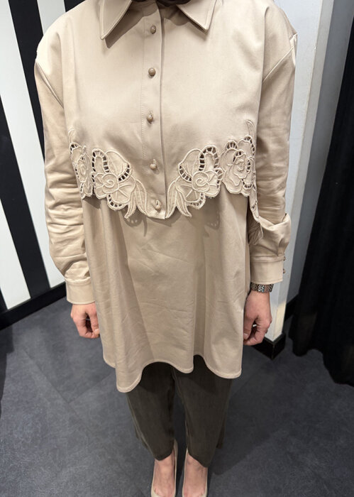 Clande Çiçek Detaylı Gömlek BEJ - 4