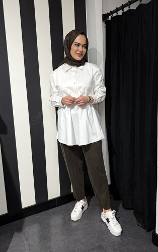 Clande Çiçek Detaylı Gömlek EKRU