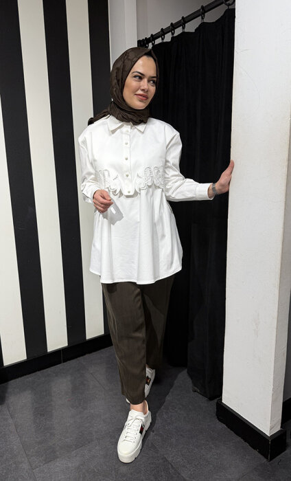 Clande Çiçek Detaylı Gömlek EKRU - 2