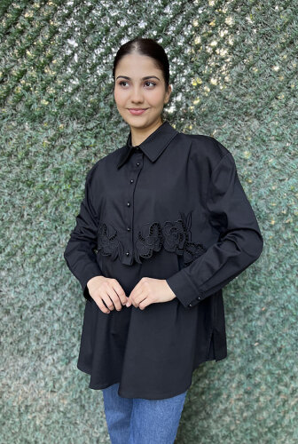 Clande Çiçek Detaylı Gömlek SİYAH - 2