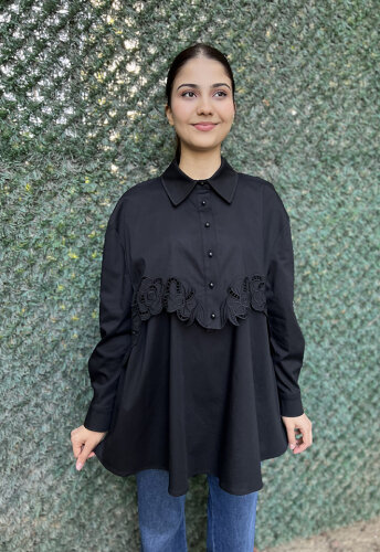 Clande Çiçek Detaylı Gömlek SİYAH - 4