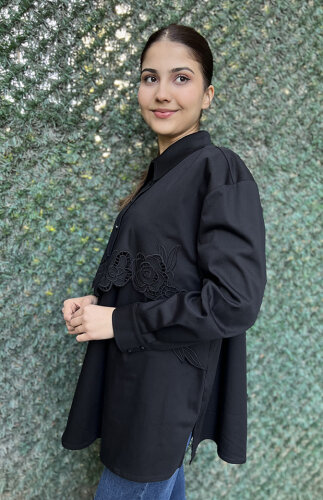 Clande Çiçek Detaylı Gömlek SİYAH - 5