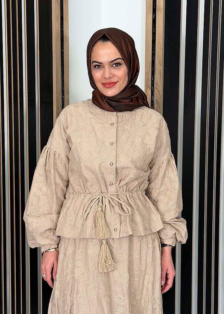 Clande Çiçek Nakış İşlemeli Gömlek VİZON