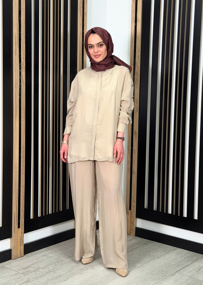 Clande Düz Bol Paça Pantolon BEJ - 2